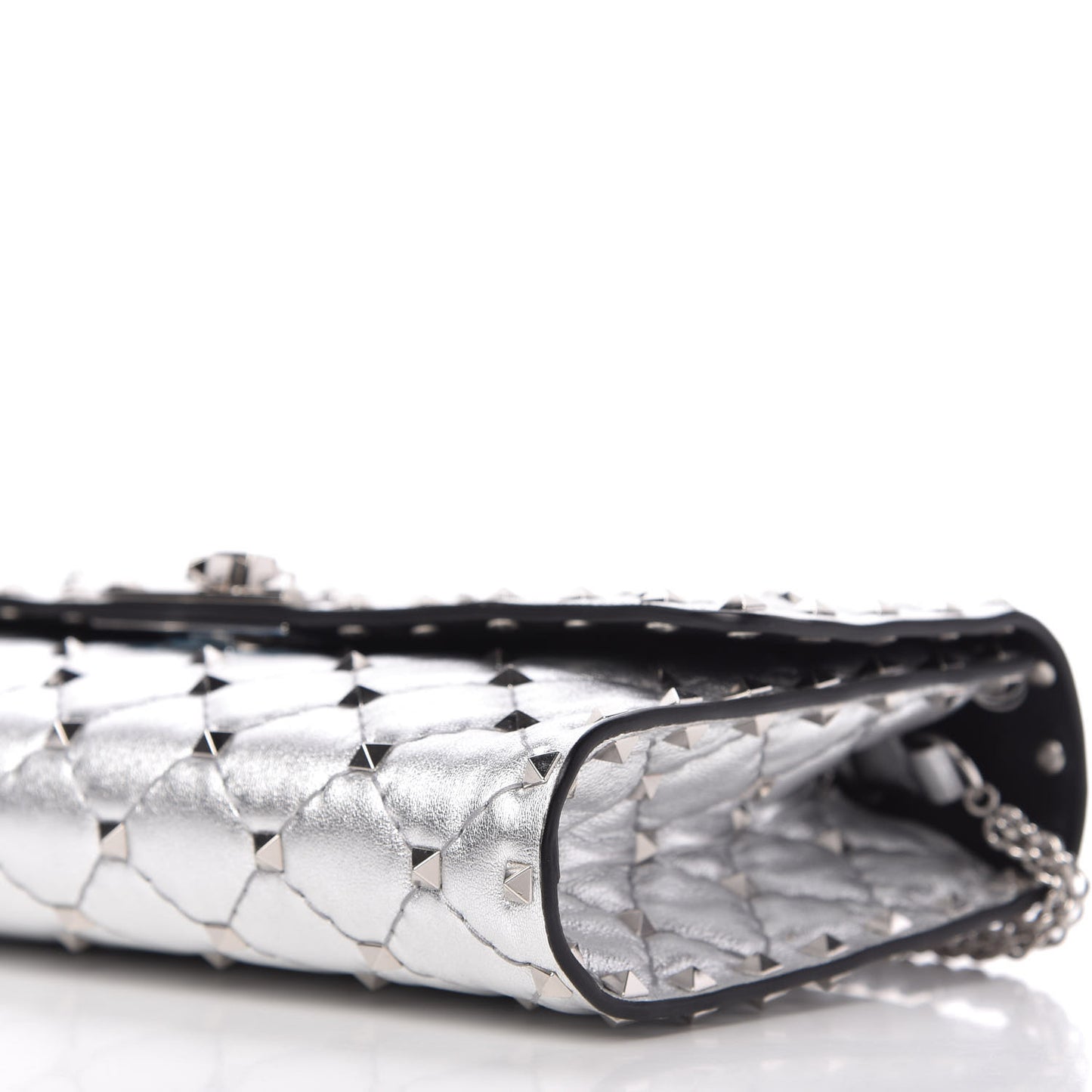 Metallic Nappa Rockstud Spike Wallet on Chain Silver