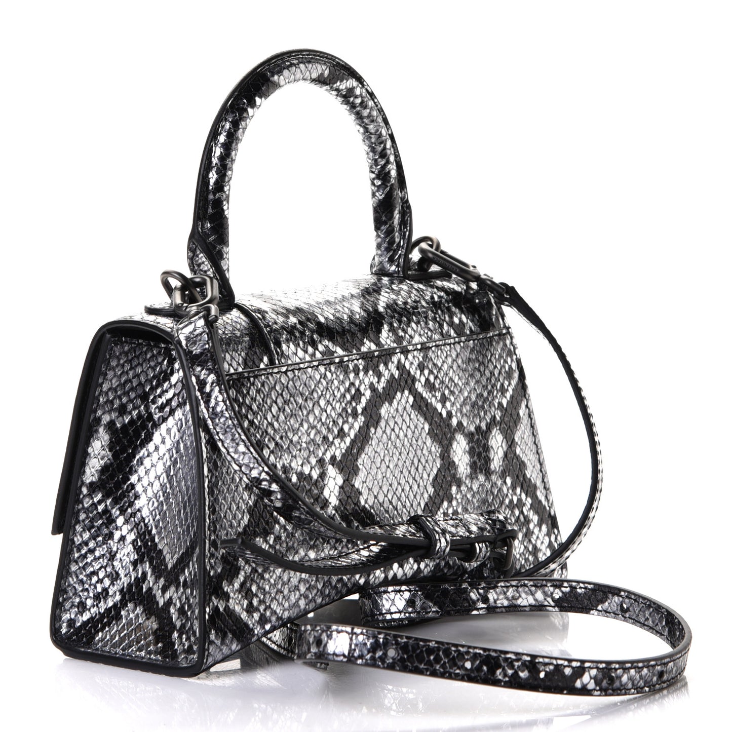 Shiny Calfskin Snakeskin Embossed Hourglass Top Handle Bag XS Silver Black