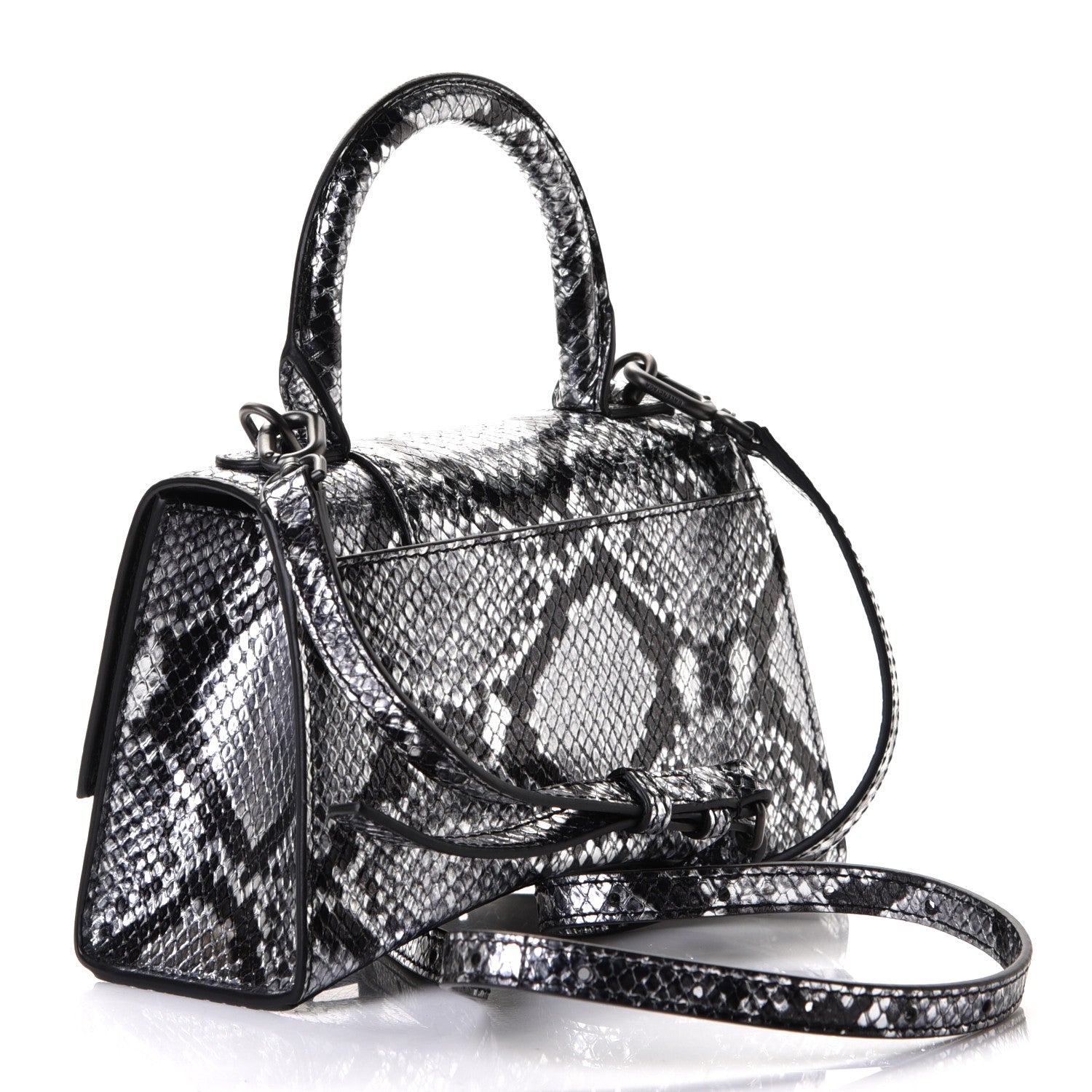 Balenciaga Shiny Calfskin Snakeskin Embossed Hourglass Top Handle Bag XS Silver Black 2 of 5