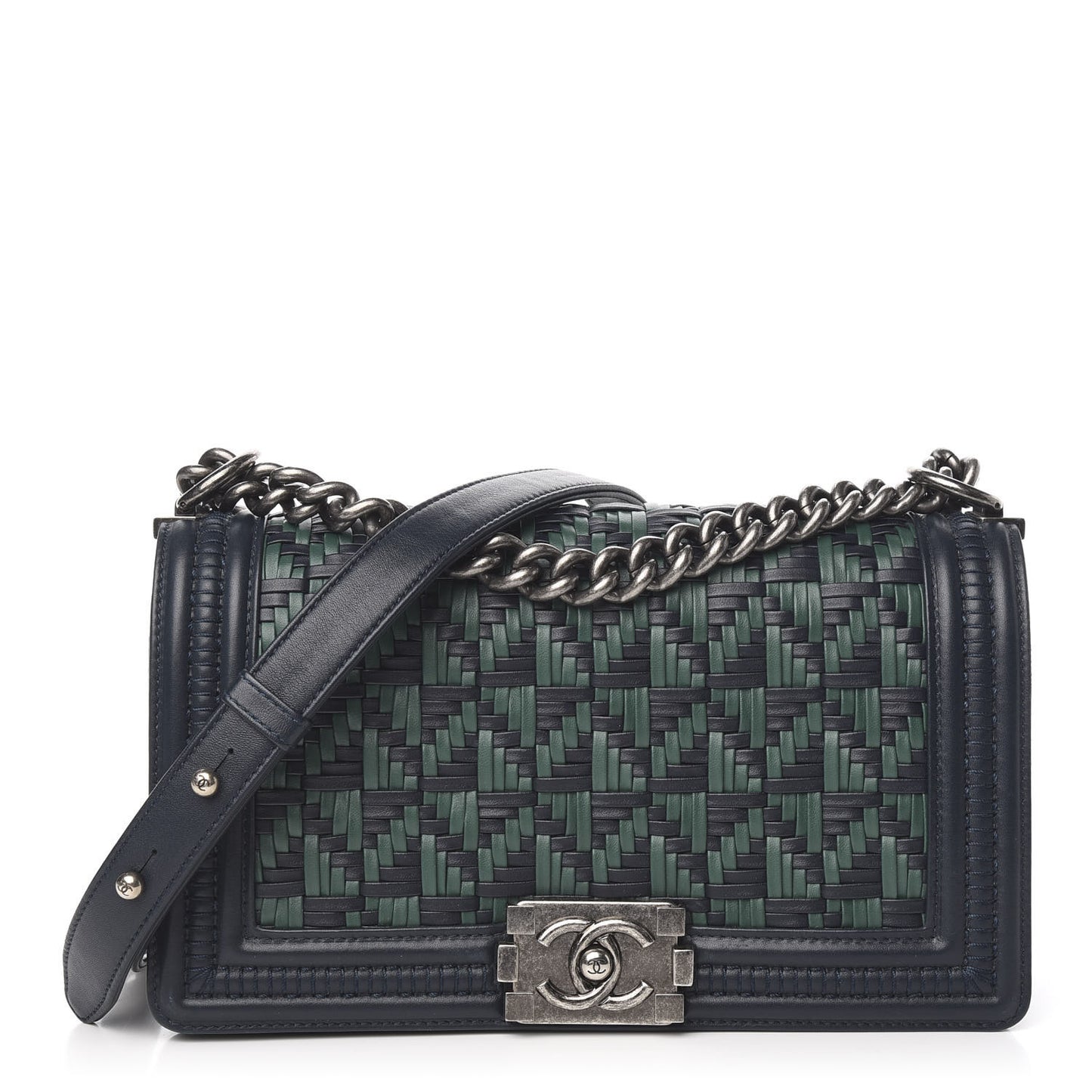 Calfskin Woven Medium Boy Flap Navy Green