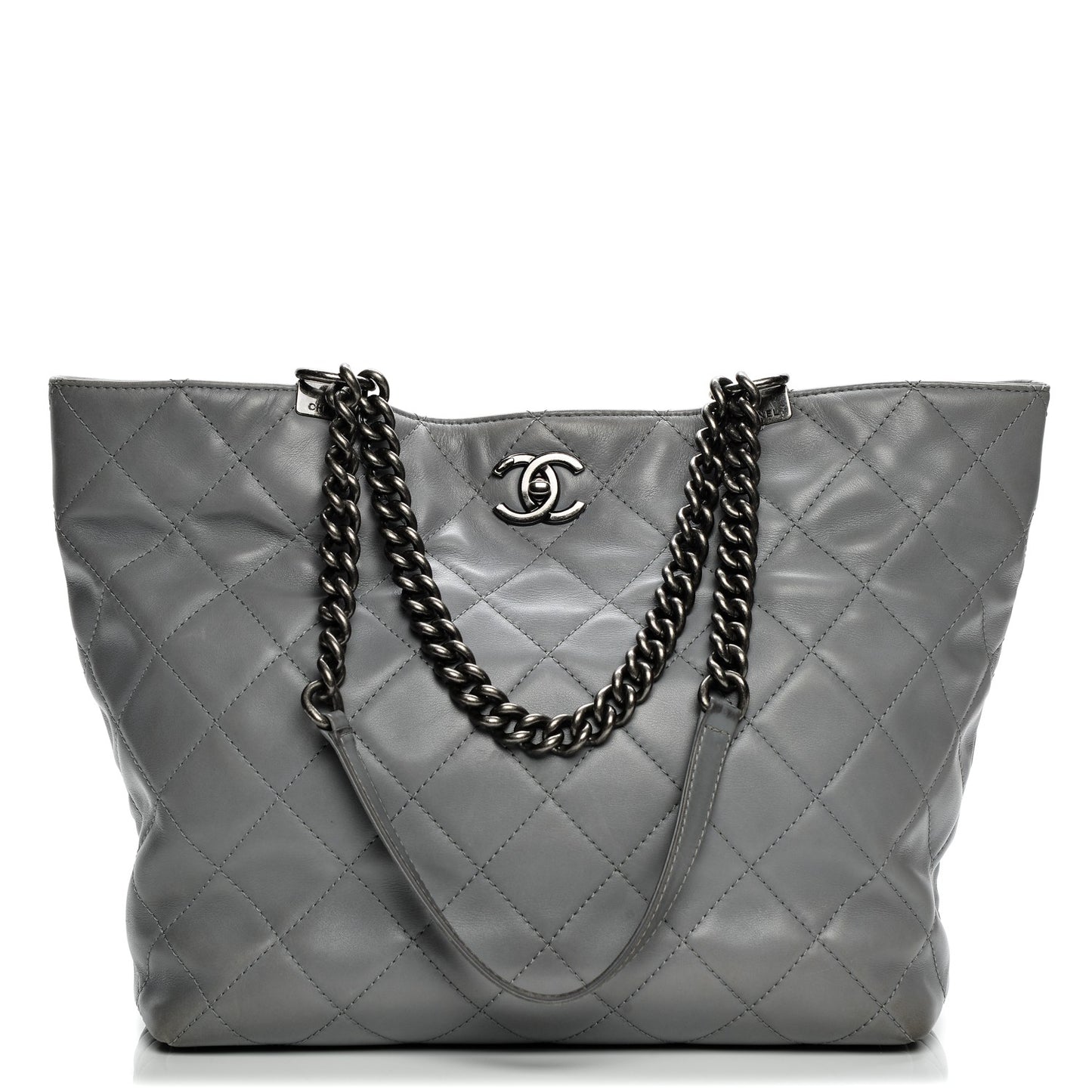 Calfskin Quilted Large Shopping In Chains Tote Light Grey