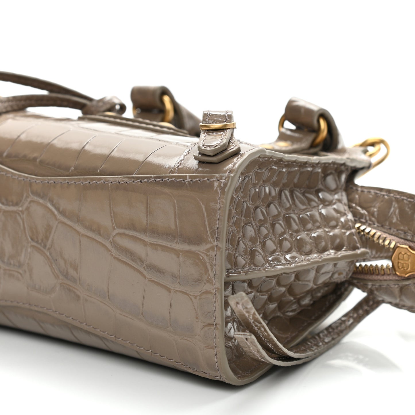 Shiny Supple Calfskin Crocodile Embossed Neo Classic Gold Hardware Nano City Crossbody Mink Grey