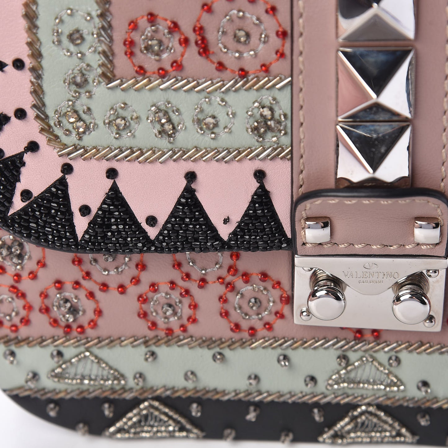 Vitello Embroidered Small Glam Lock Rockstud Flap Pink Black
