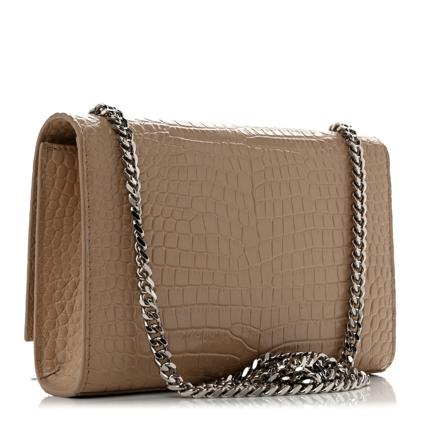 Calfskin Crocodile Embossed Small Classic Monogram Kate Tassel Satchel Beige