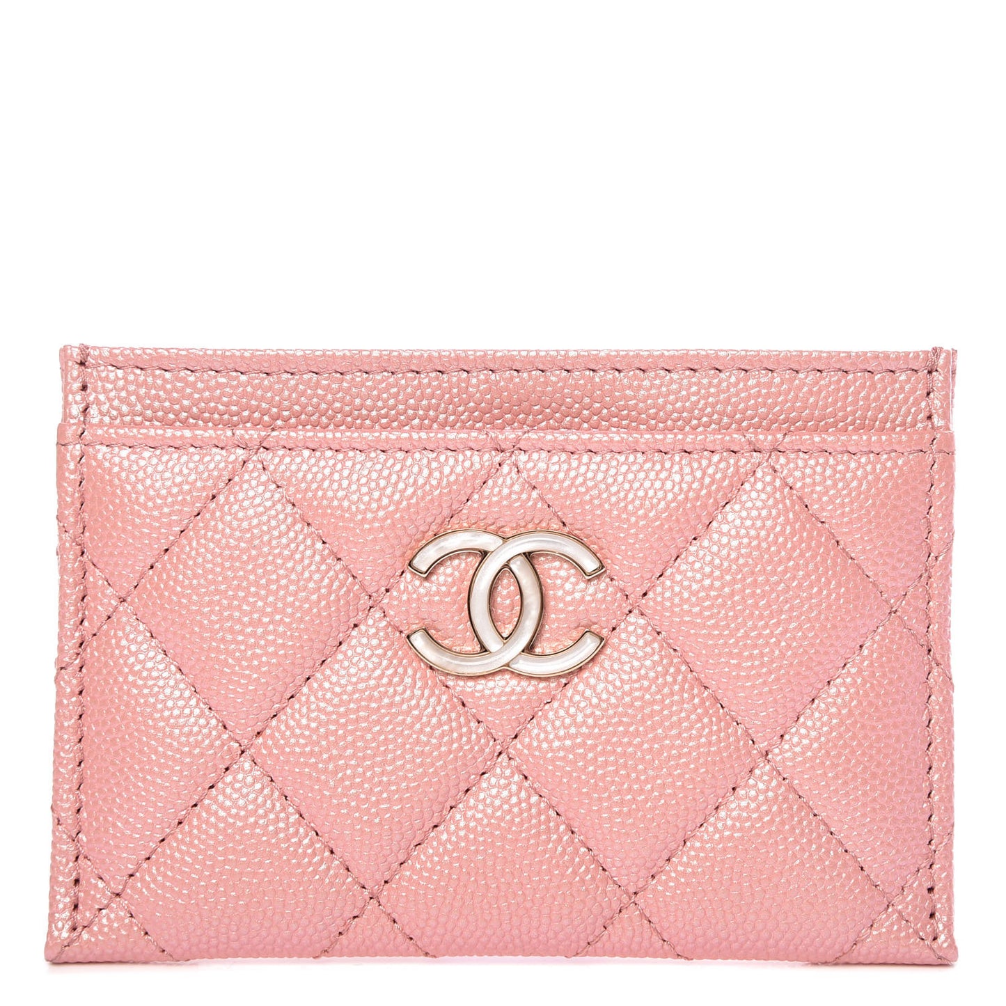 Iridescent Caviar Quilted Card Holder Rose Pink