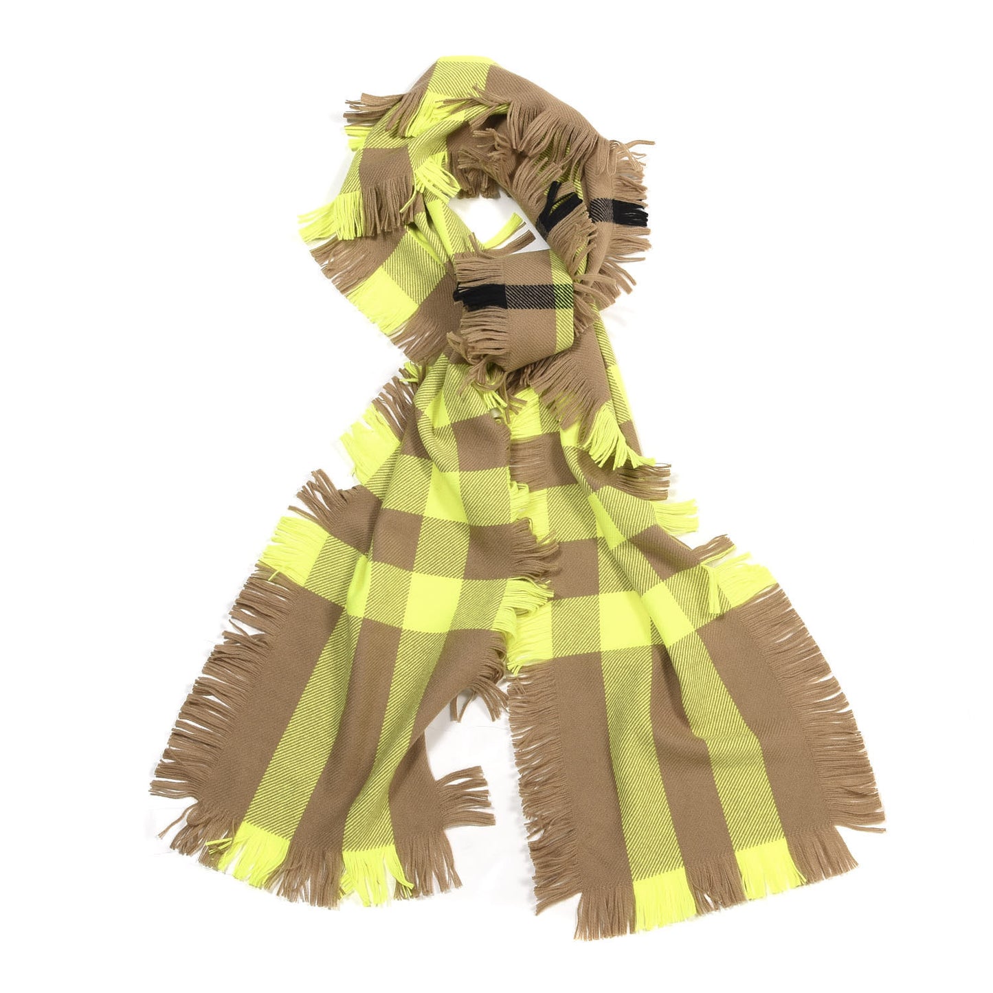 Cashmere Half Mega Check Fringe Scarf Neon Yellow