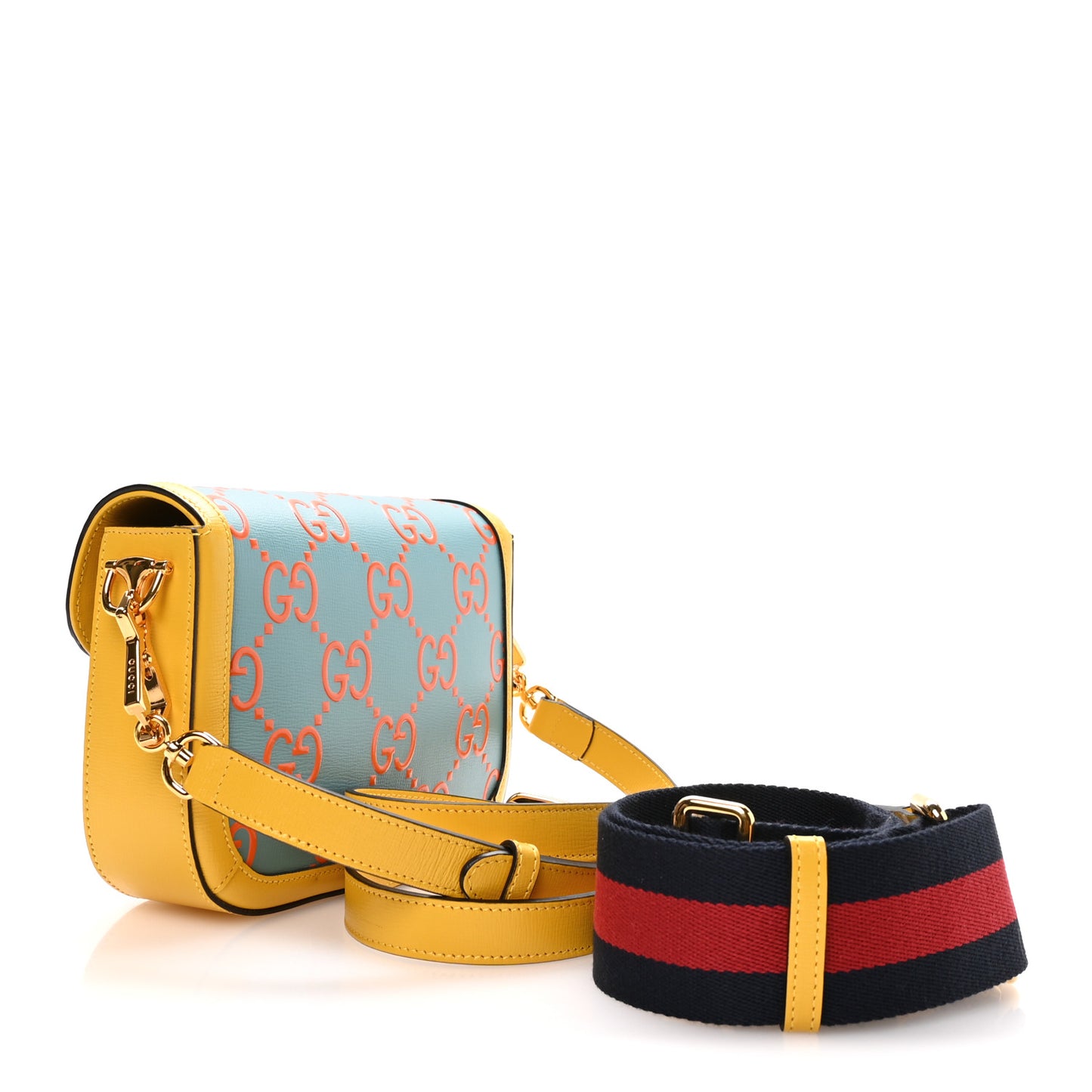 Azalea Calfskin GG Monogram Bi-Color Debossed Mini Horsebit 1955 Shoulder Bag Dusty Azure Stone Topaz Deep Orange