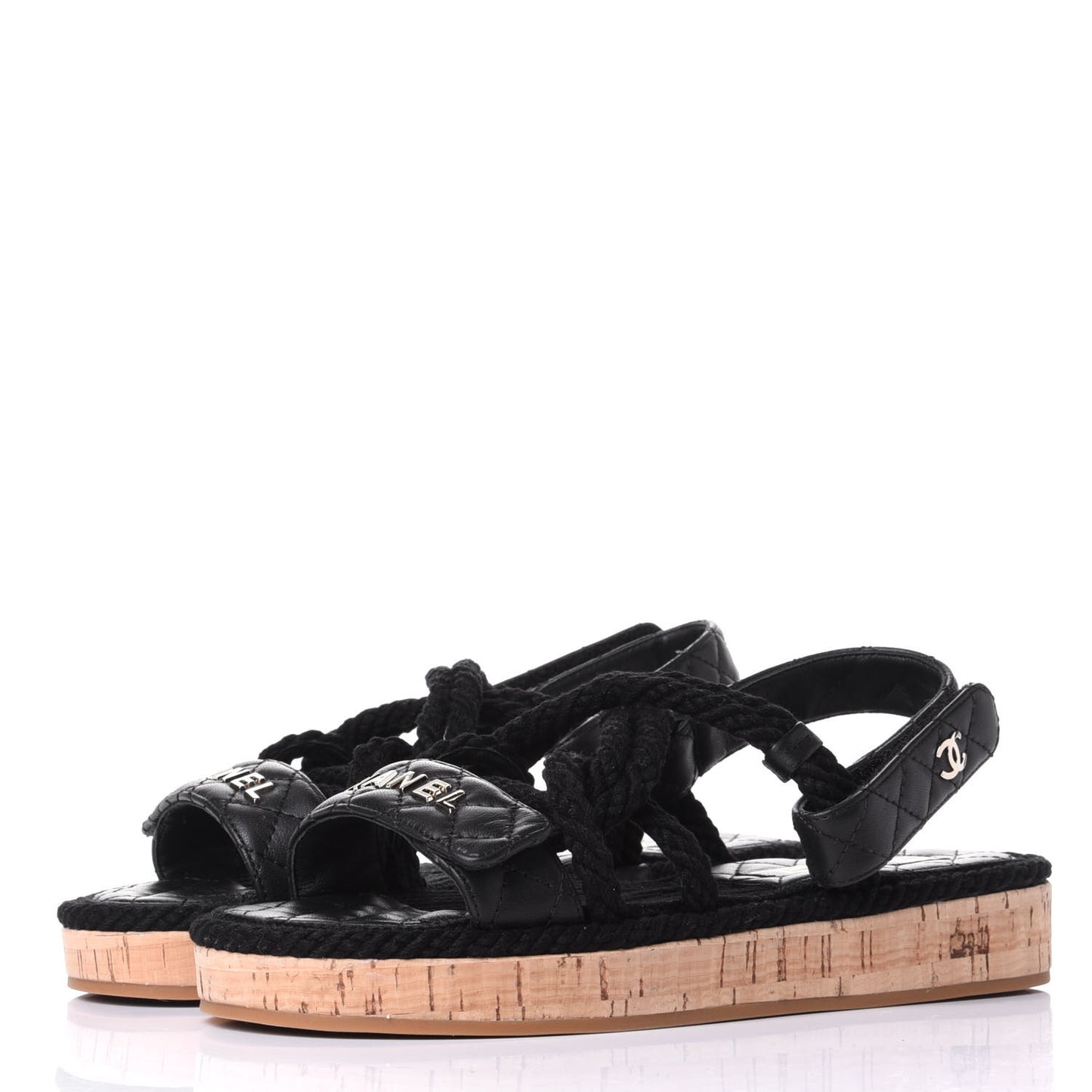 Cord Lambskin Quilted Logo Sandals 36 Black
