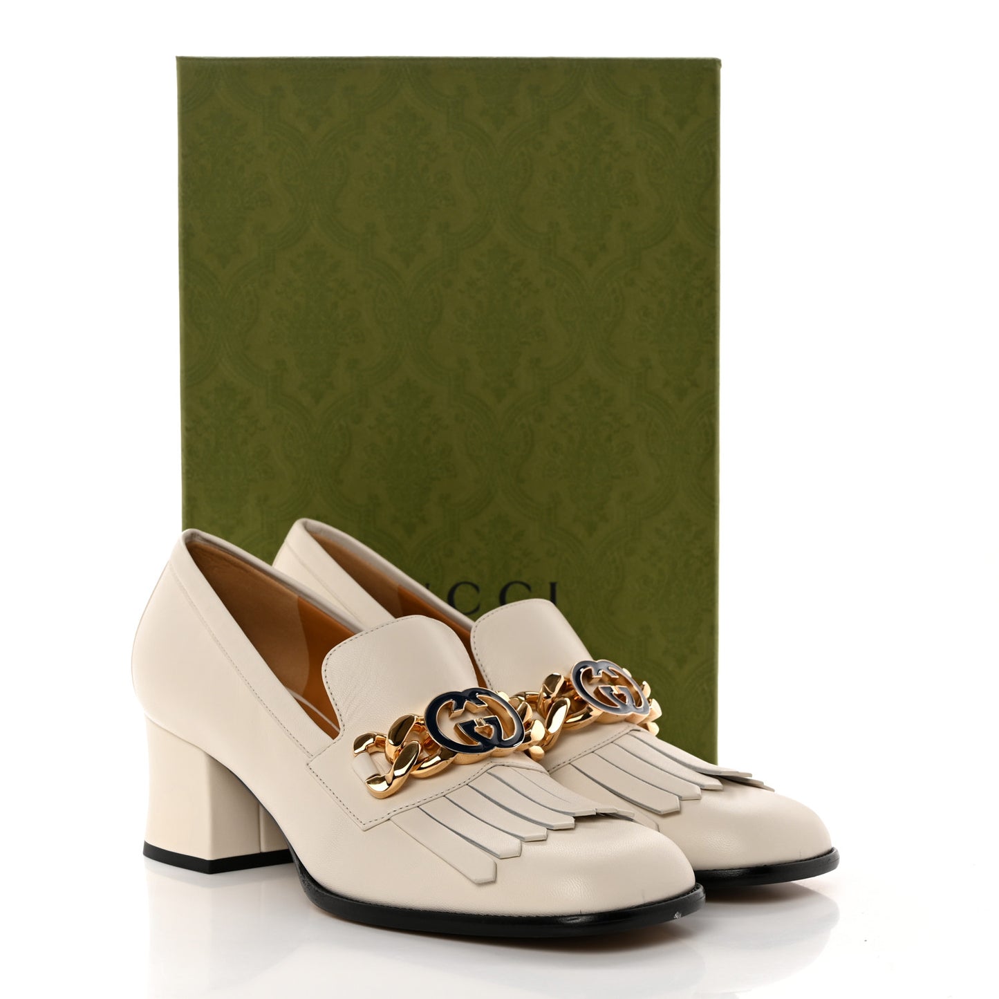 Malaga Kid Interlocking G Fringe 55mm Loafer Pumps 40 Mystic White