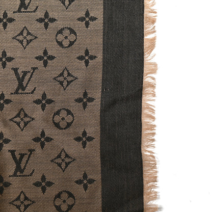 Louis Vuitton Wool Silk Monogram Denim Shawl Beige Black 5 of 7