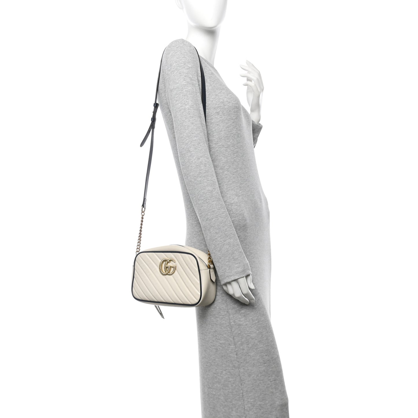 Vintage Effect Calfskin Matelasse Diagonal Small Torchon GG Marmont Chain Shoulder Bag Mystic White Blue Agata