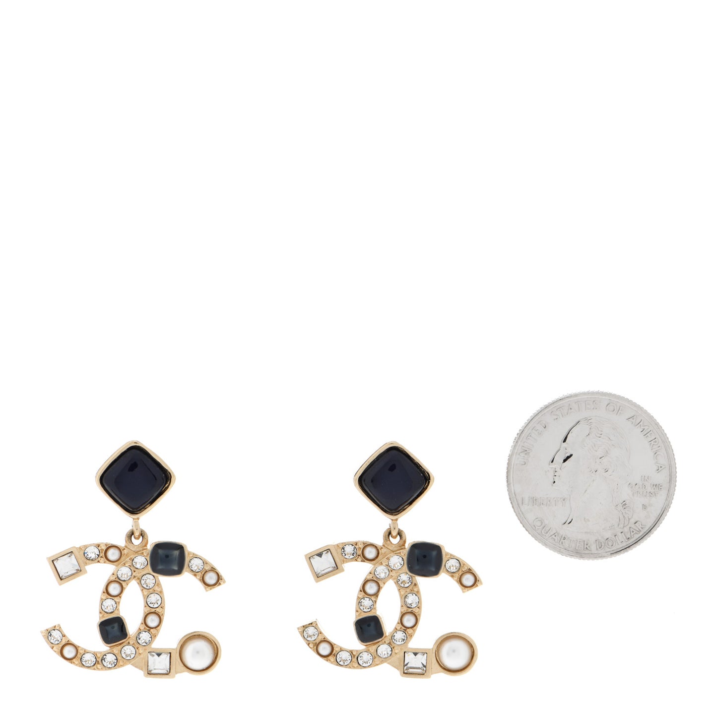 Resin Crystal Pearl CC Drop Earrings Gold Black