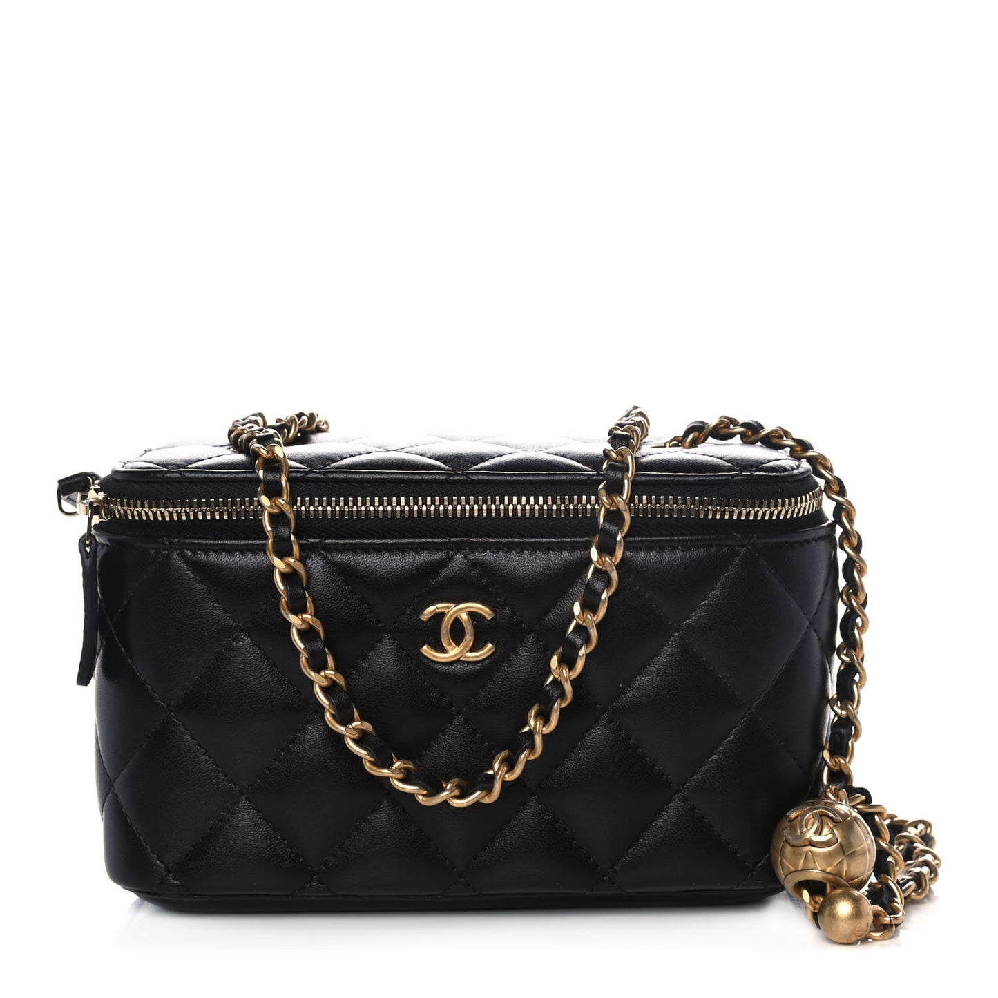 Lambskin Quilted Pearl Crush Small Vanity Case With Chain Black