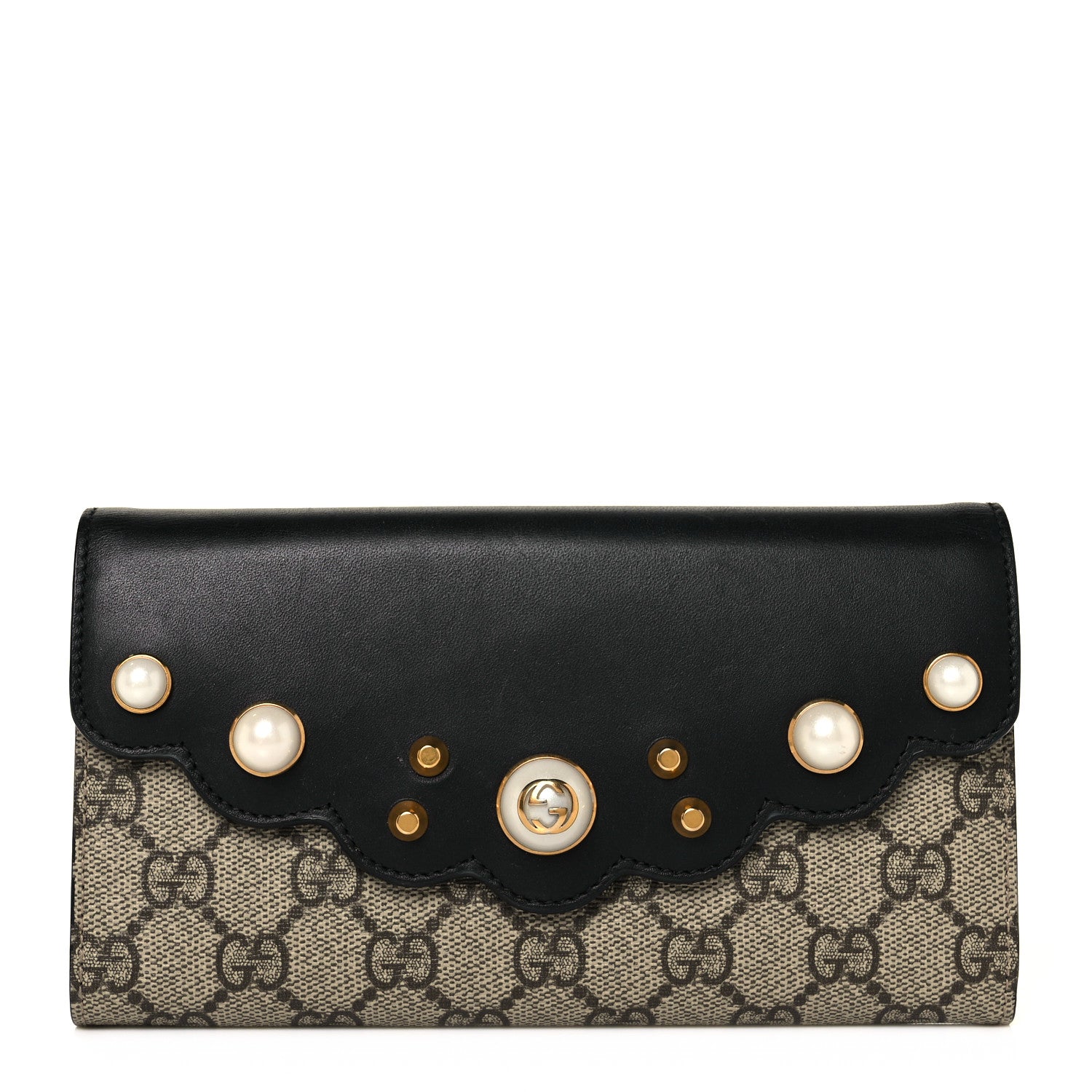 Gucci Calfskin GG Supreme Monogram Mini Peony Pearly Continental Wallet Black 1 of 9