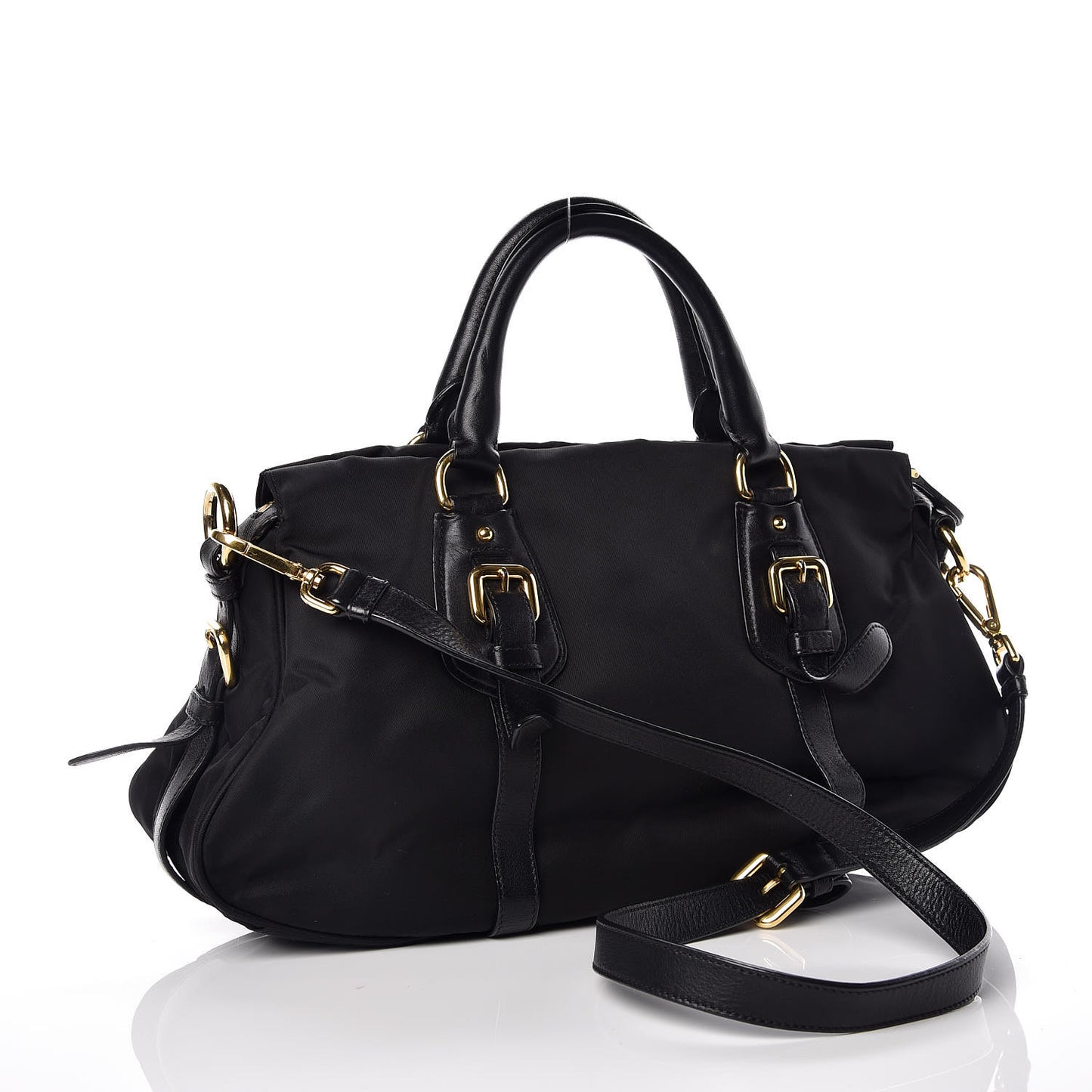 Nylon Tessuto Soft Calfskin Small Shopping Satchel Black