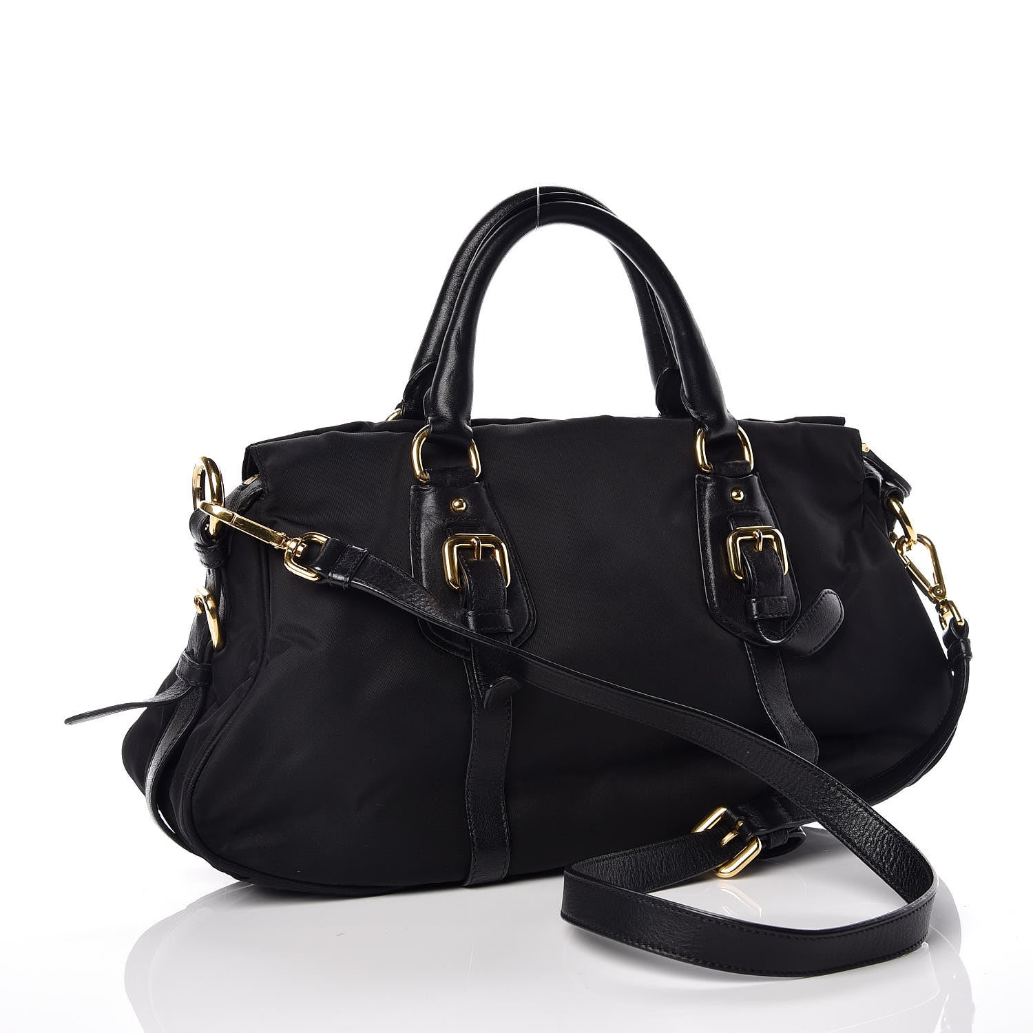 Prada Nylon Tessuto Soft Calfskin Small Shopping Satchel Black 4 of 11
