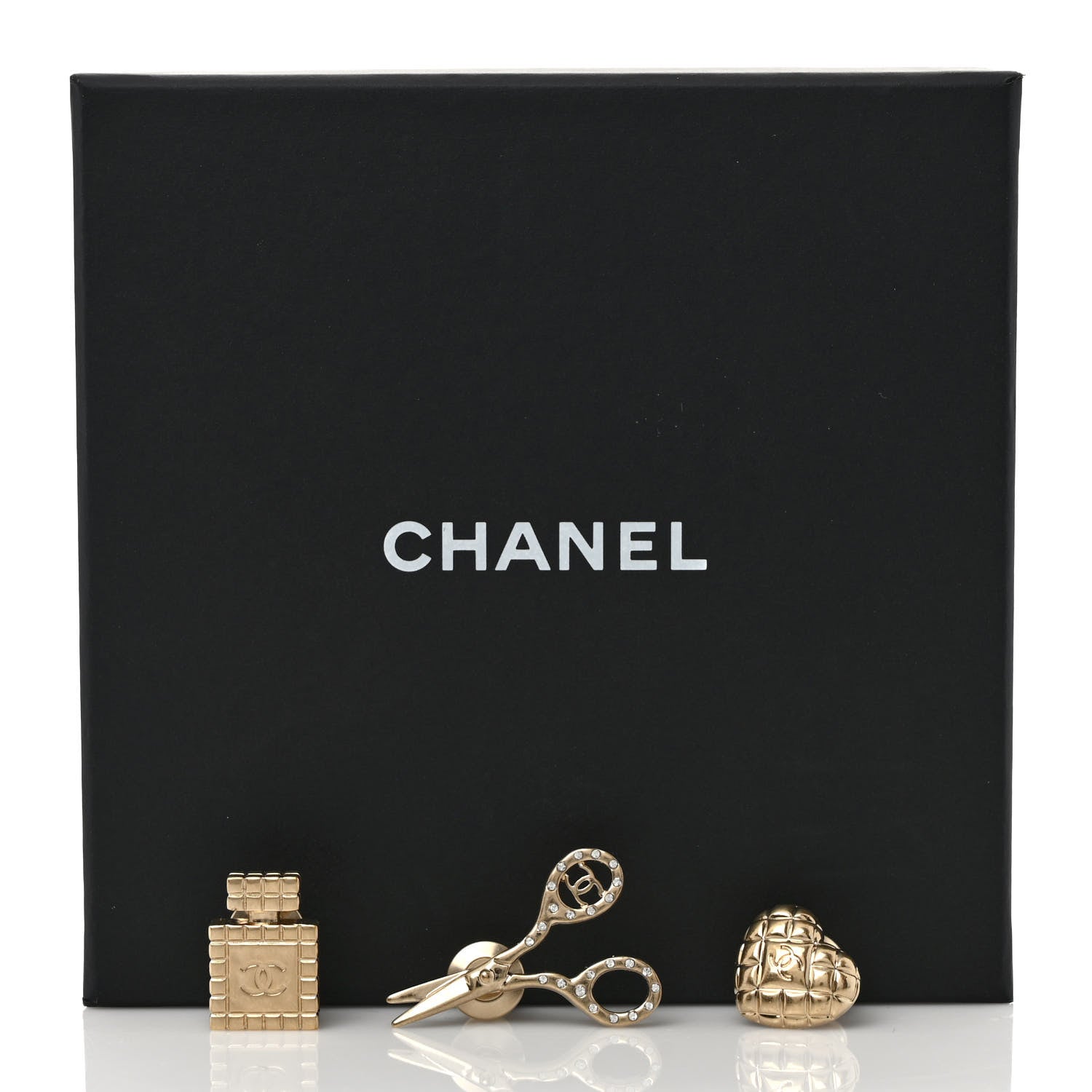 Chanel Metal Strass Crystal Quilted CC Heart Scissors Perfume Brooch Set Gold 5 of 5