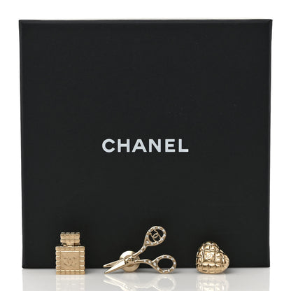 Chanel Metal Strass Crystal Quilted CC Heart Scissors Perfume Brooch Set Gold 5 of 5