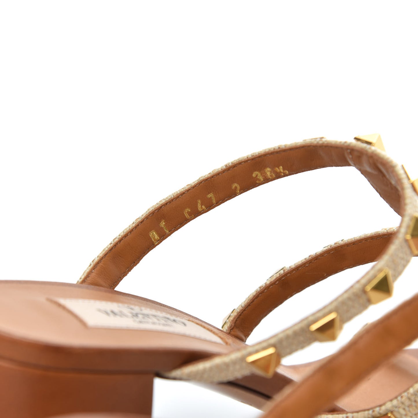 Raffia Calfskin Rockstud 60mm Caged Slide Sandals 36.5 Naturale