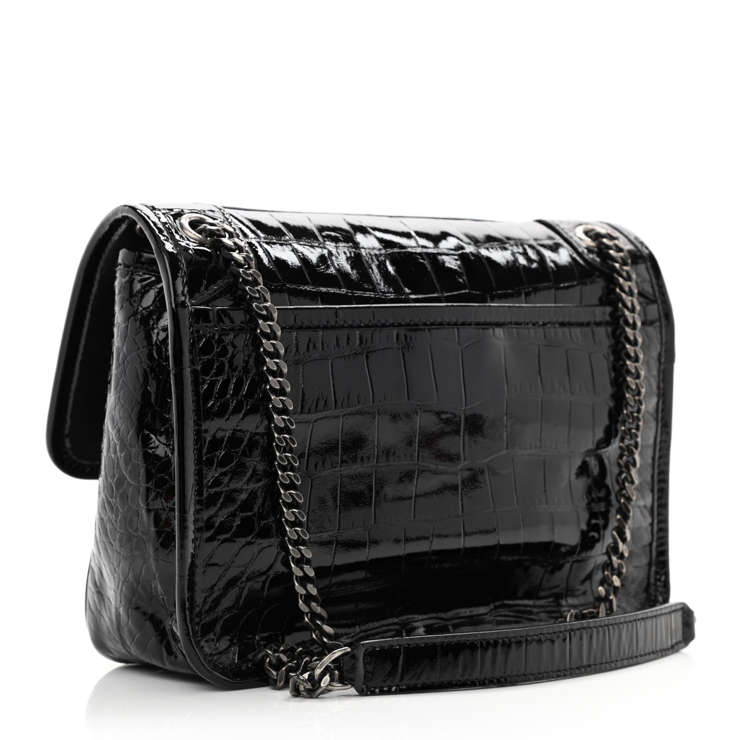 Saint Laurent Calfskin Crocodile Embossed Matelasse Monogram Baby Niki Chain Satchel Black 3 of 10