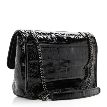 Saint Laurent Calfskin Crocodile Embossed Matelasse Monogram Baby Niki Chain Satchel Black 3 of 10