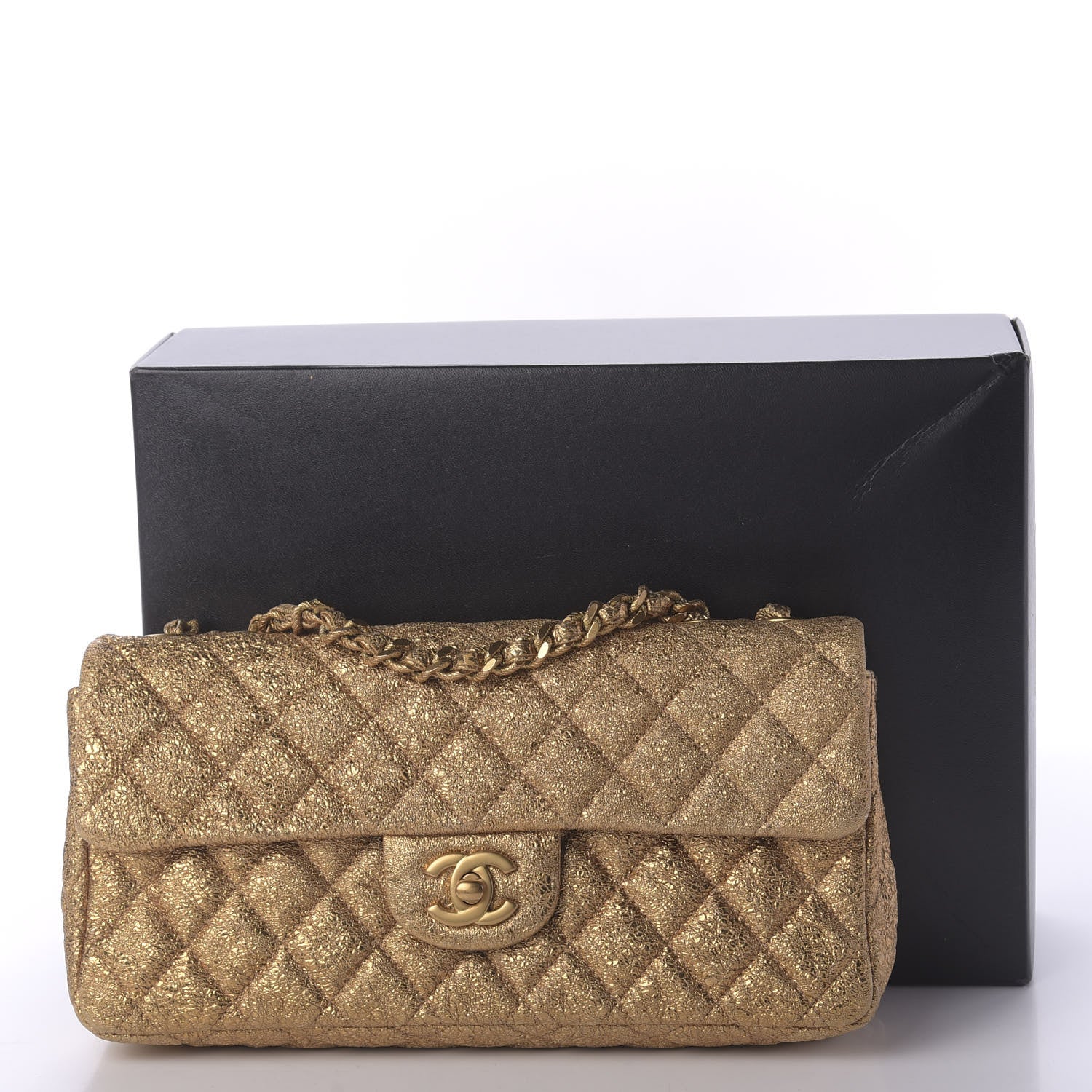 Chanel Metallic Crackled Calfskin Quilted East West Flap Dark Gold 11 of 11