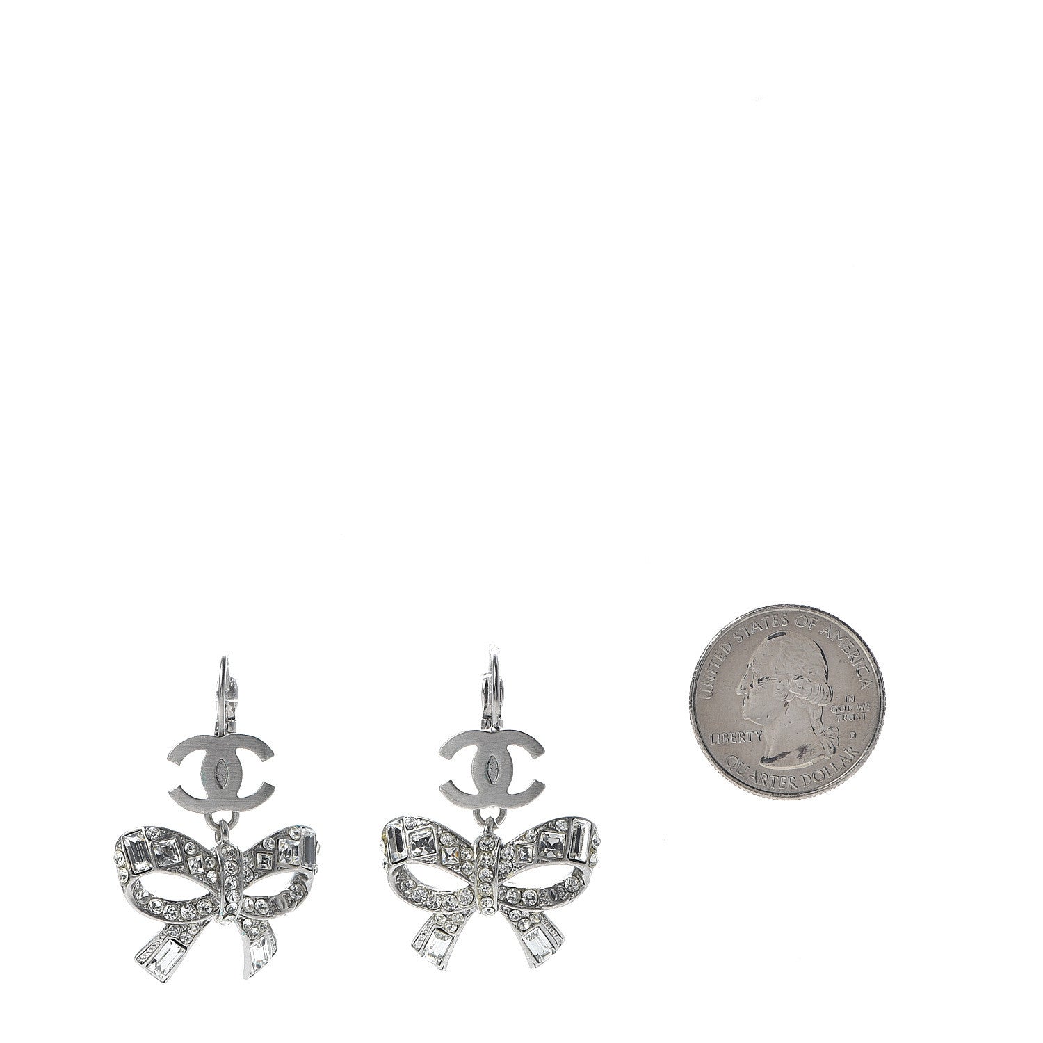 Chanel Crystal CC Bow Dangle Earrings Silver 2 of 4
