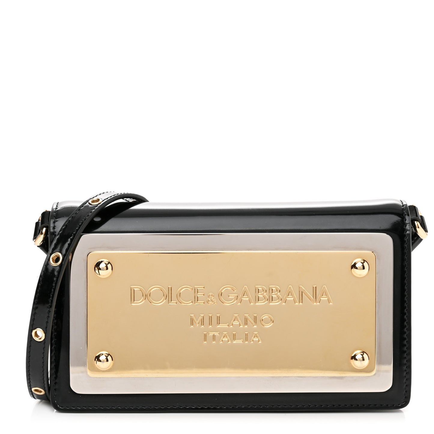 Patent Calfskin Maxi Logo Plate Phone Shoulder Bag Black