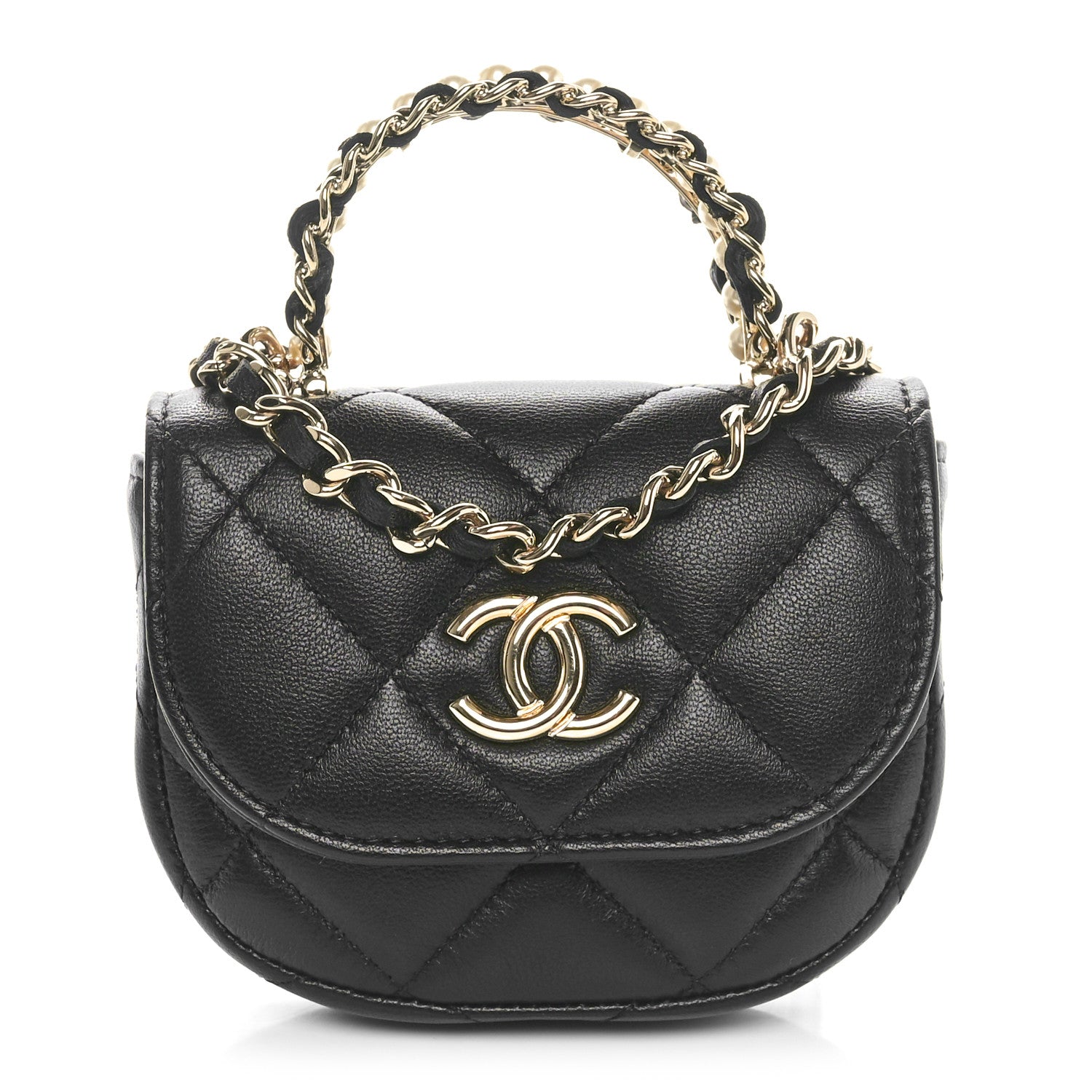 Chanel Lambskin Quilted Pearl Top Handle Clutch With Chain Black 1 of 11