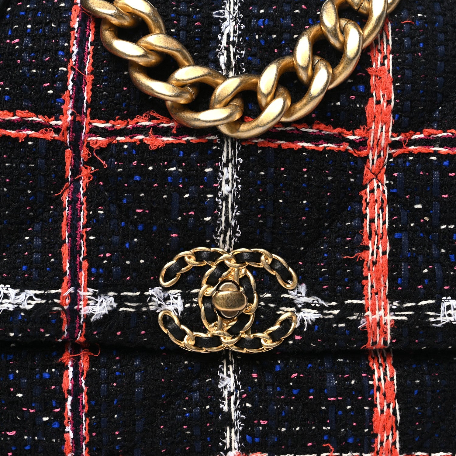 Chanel Tweed Quilted Large Chanel 19 Flap Black Orange Blue 8 of 11