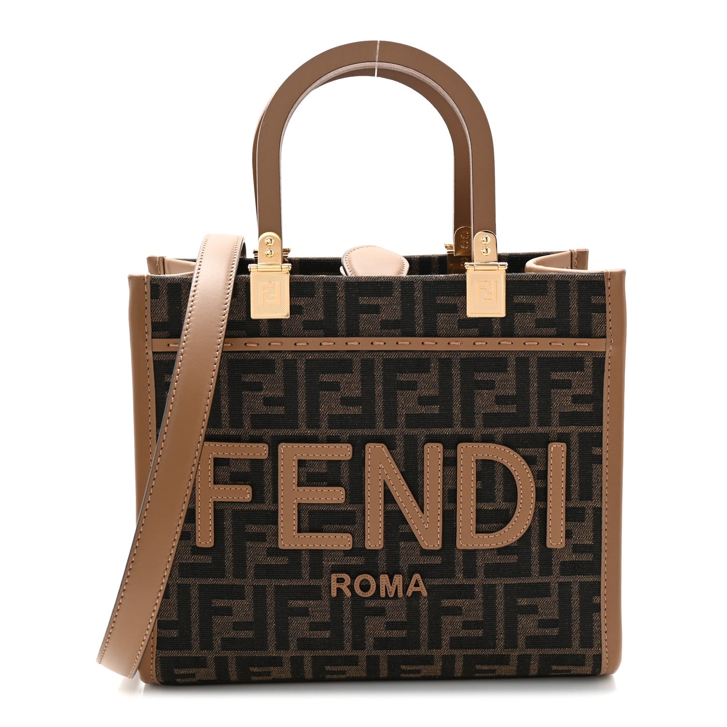 Fabric Jacquard FF 1974 Logo Small Fendi Sunshine Shopper Tote Tobacco Moro Sand