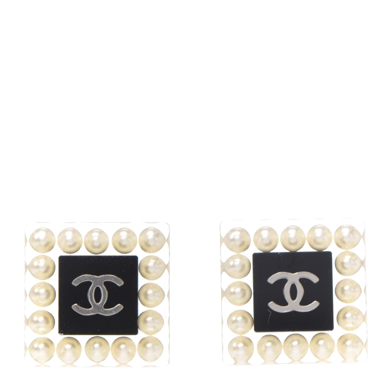 Chanel Pearl Resin Square CC Earrings Black Transparent 1 of 5
