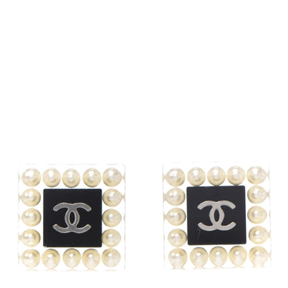 Chanel Pearl Resin Square CC Earrings Black Transparent 1 of 5