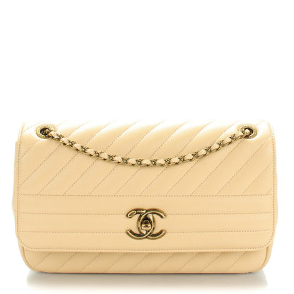 Chanel Shiny Goatskin Diagonal Quilted Medium Flap Beige 1 of 8