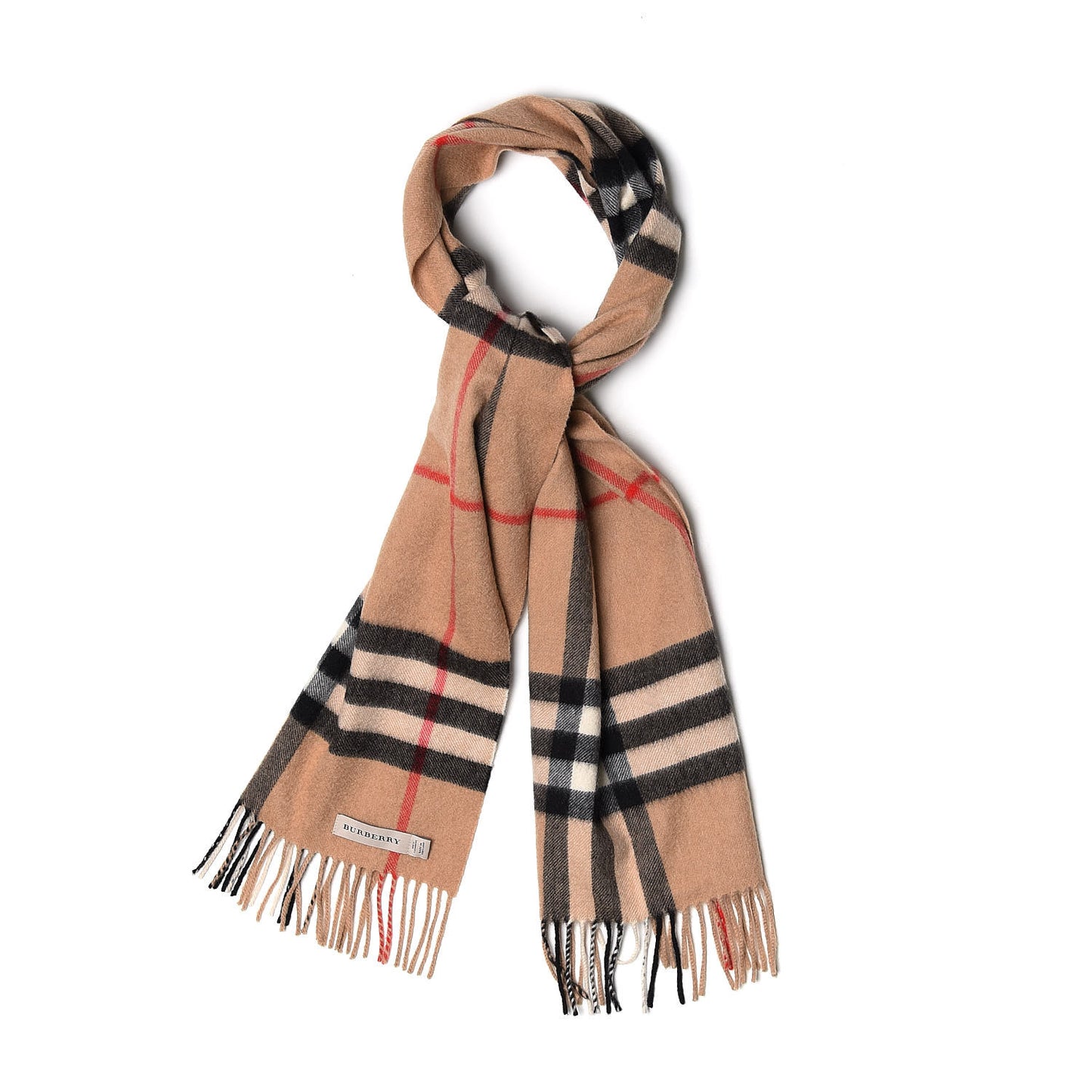 Cashmere Giant Check Fringe Scarf Camel