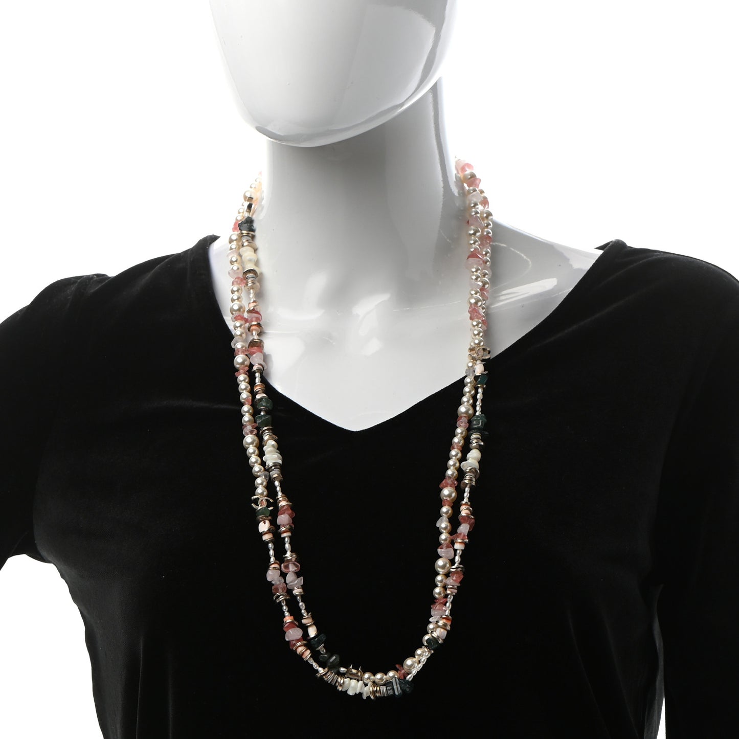 Pearl Stone CC Long Necklace Gold Pink Multicolor