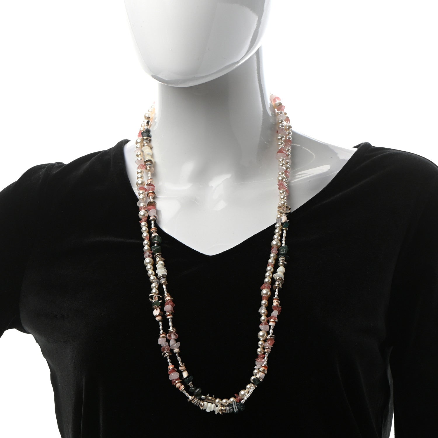 Chanel Pearl Stone CC Long Necklace Gold Pink Multicolor 2 of 5
