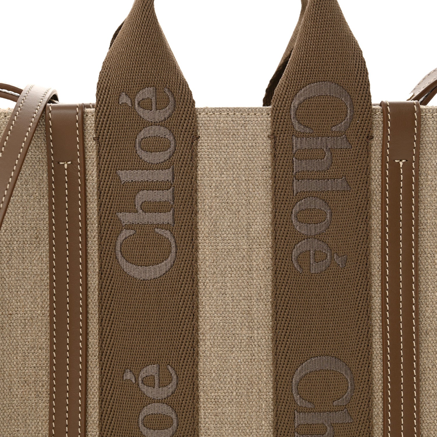 Chloe Linen Calfskin Small Woody Ribbon Tote With Strap Dark Nut 8 of 10