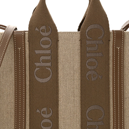 Chloe Linen Calfskin Small Woody Ribbon Tote With Strap Dark Nut 8 of 10