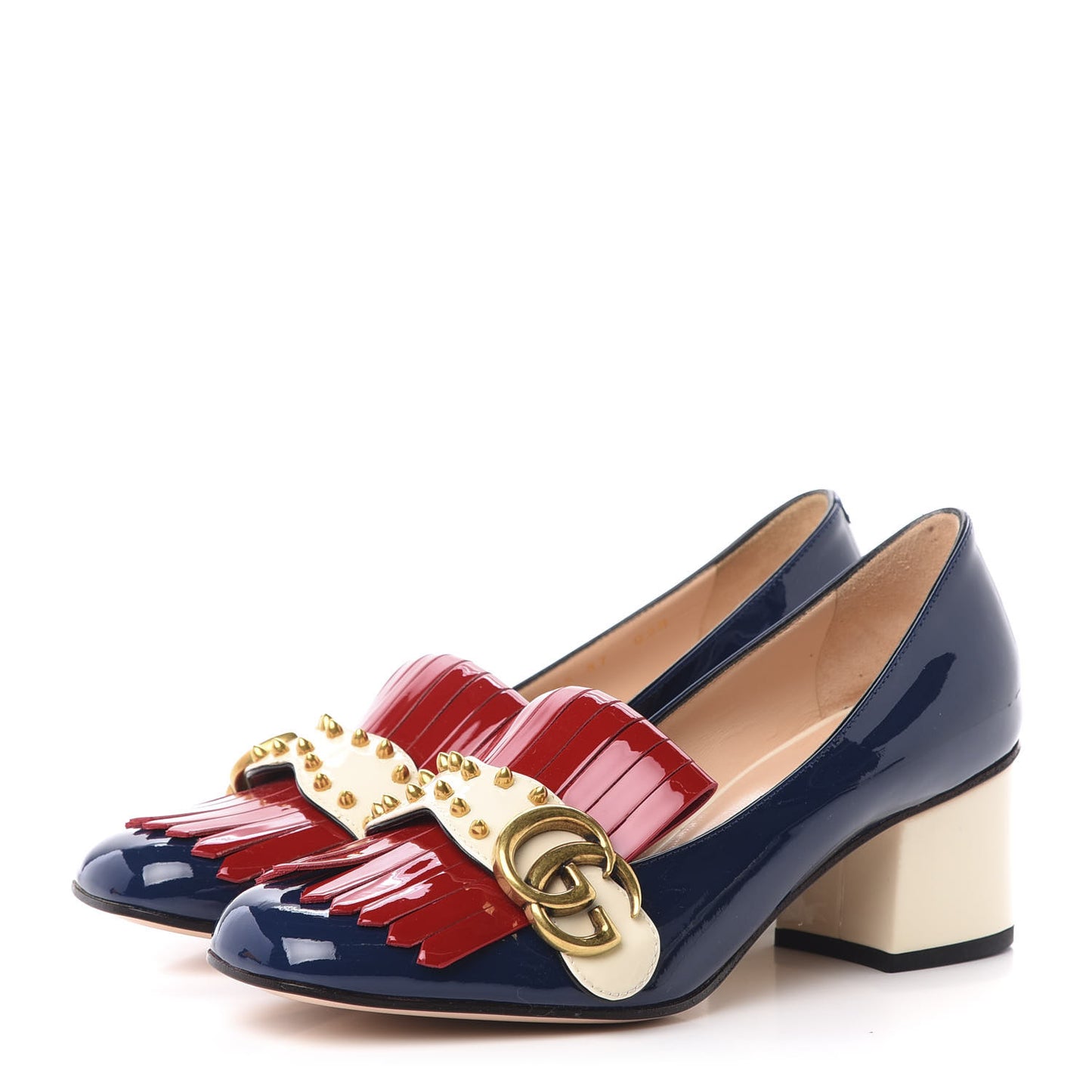 Vernice Studded GG Marmont Fringe 50mm Loafer Pumps 37 Blue Agata Hibiscus Red Mystic White