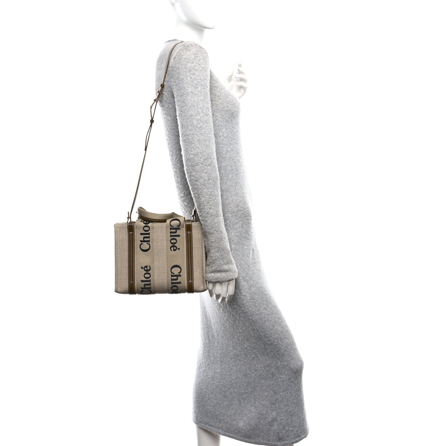 Chloe Cotton Calfskin Small Woody Ribbon Tote With Strap White Brown 2 of 11