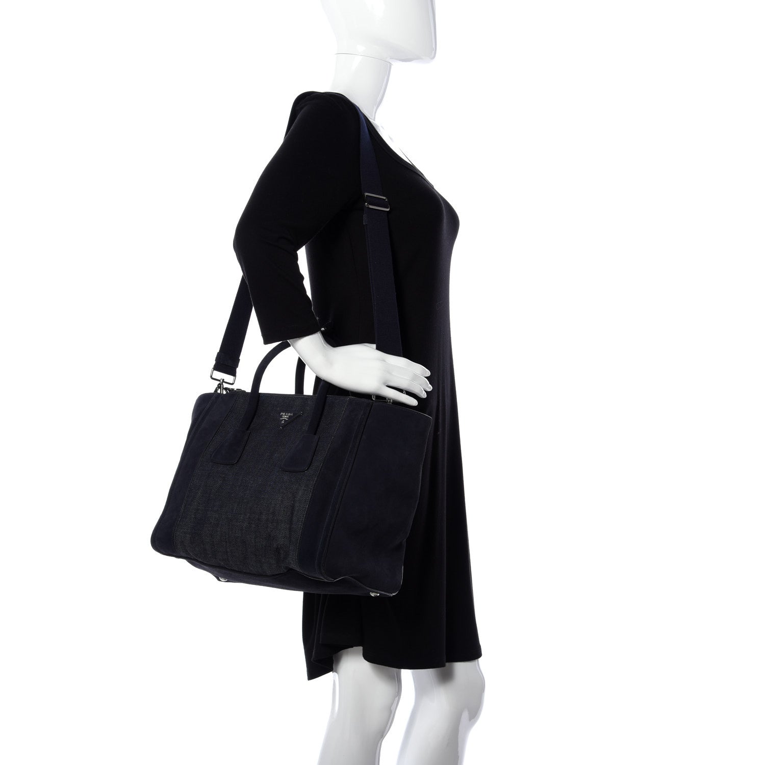 Prada Denim Suede Scamosciato Twin Pocket Tote Bleu 2 of 9
