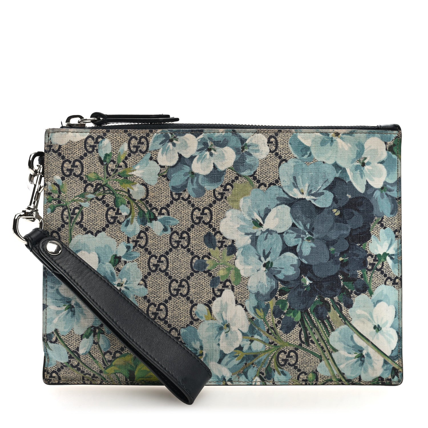 Gucci GG Supreme Monogram Blooms Small Zip Wristlet Pouch Beige Blue Black 1 of 6
