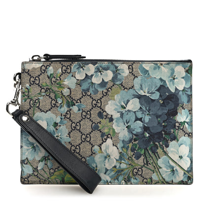 Gucci GG Supreme Monogram Blooms Small Zip Wristlet Pouch Beige Blue Black 1 of 6