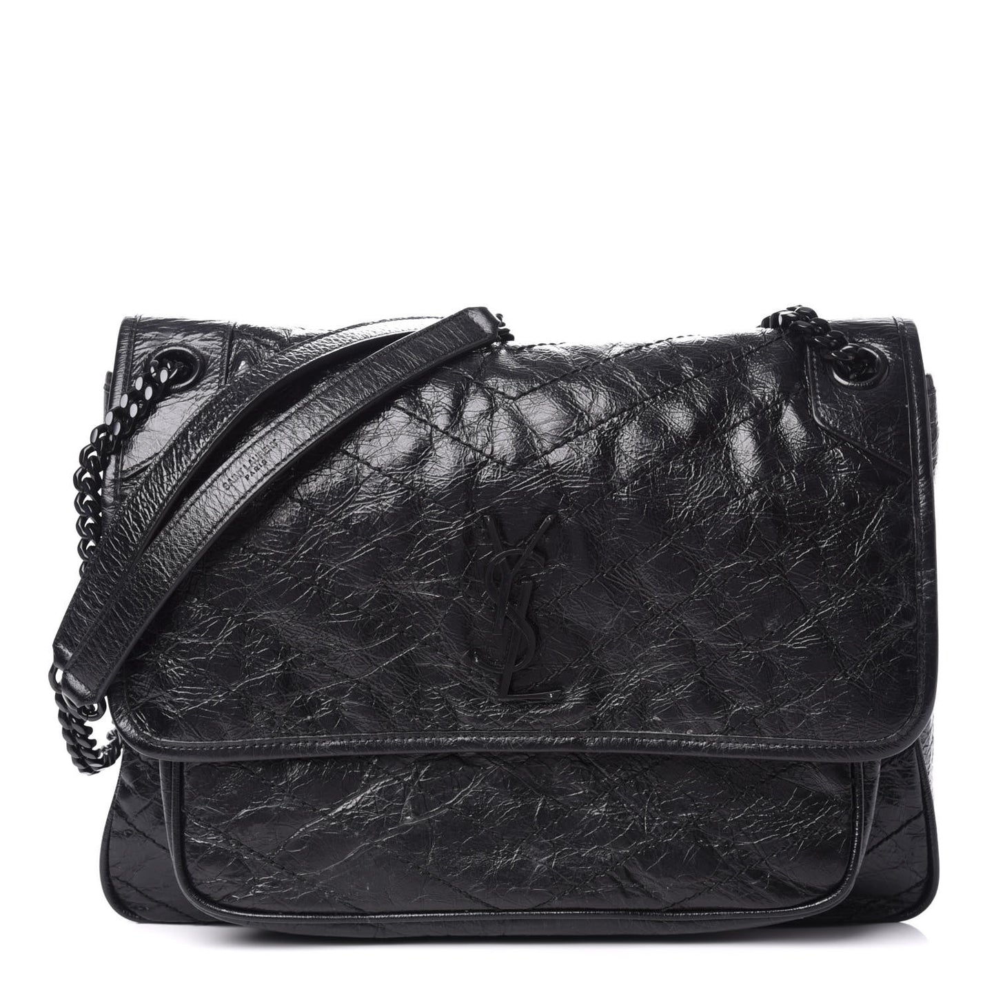 Crinkled Calfskin Matelasse Monogram Large Niki Chain Satchel Black
