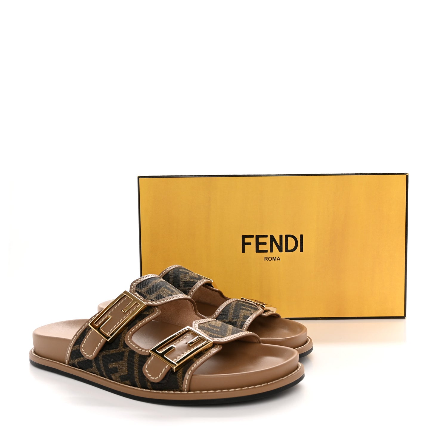 Fabric Jacquard Nappa FF Womens Fendi Feel Buckled Slide Sandals 41 Tobacco Black Miele Scuro