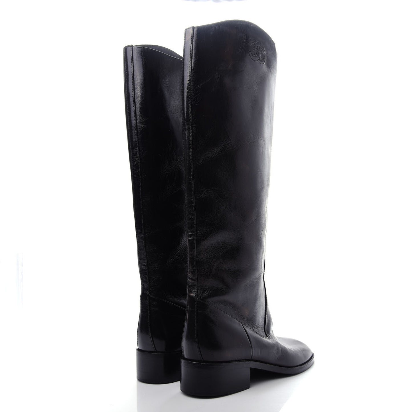 Glazed Calfskin CC High Boots 35 Black
