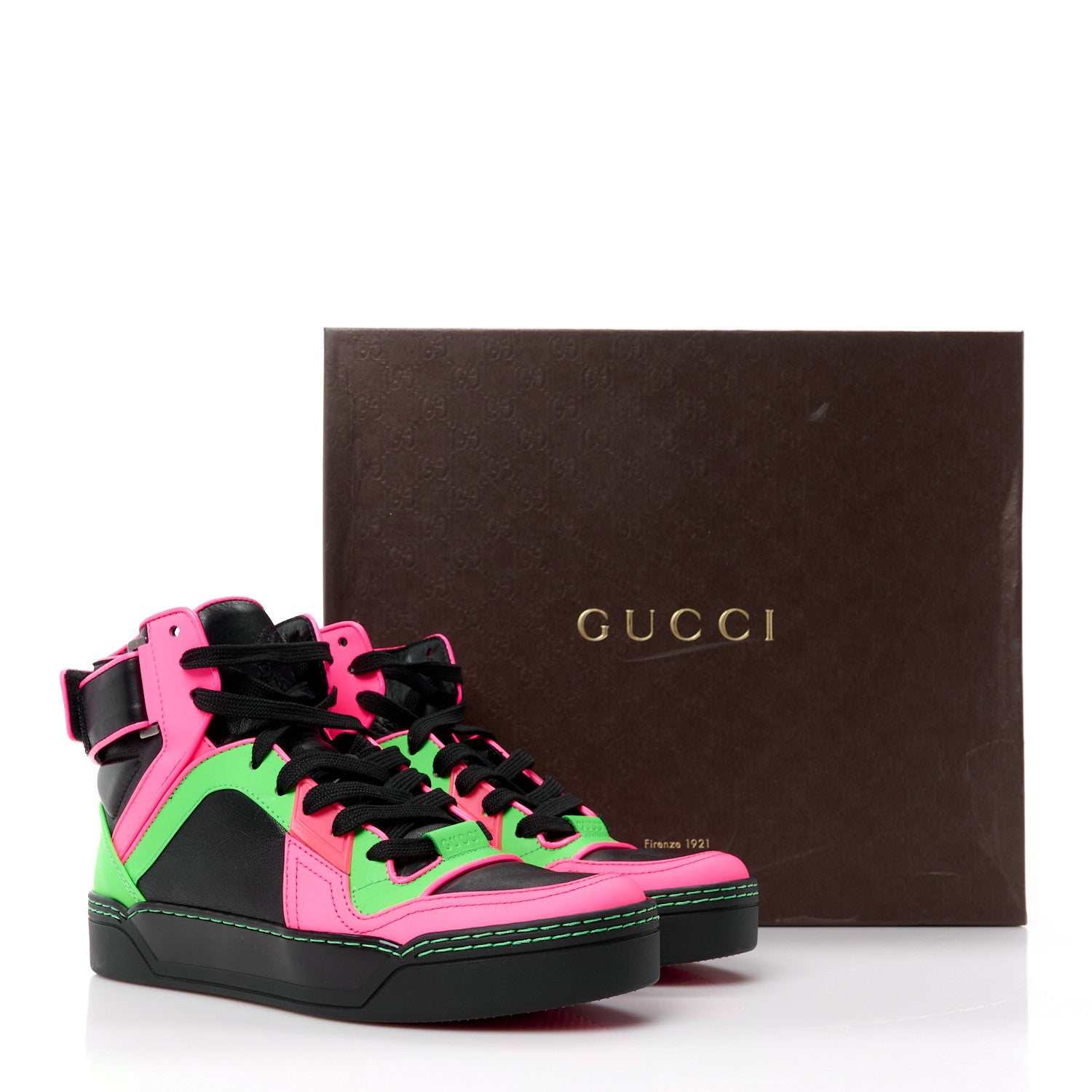 Gucci Lambskin Calfskin Womens High Top Sneakers 36 Black Neon Green Pink 10 of 10