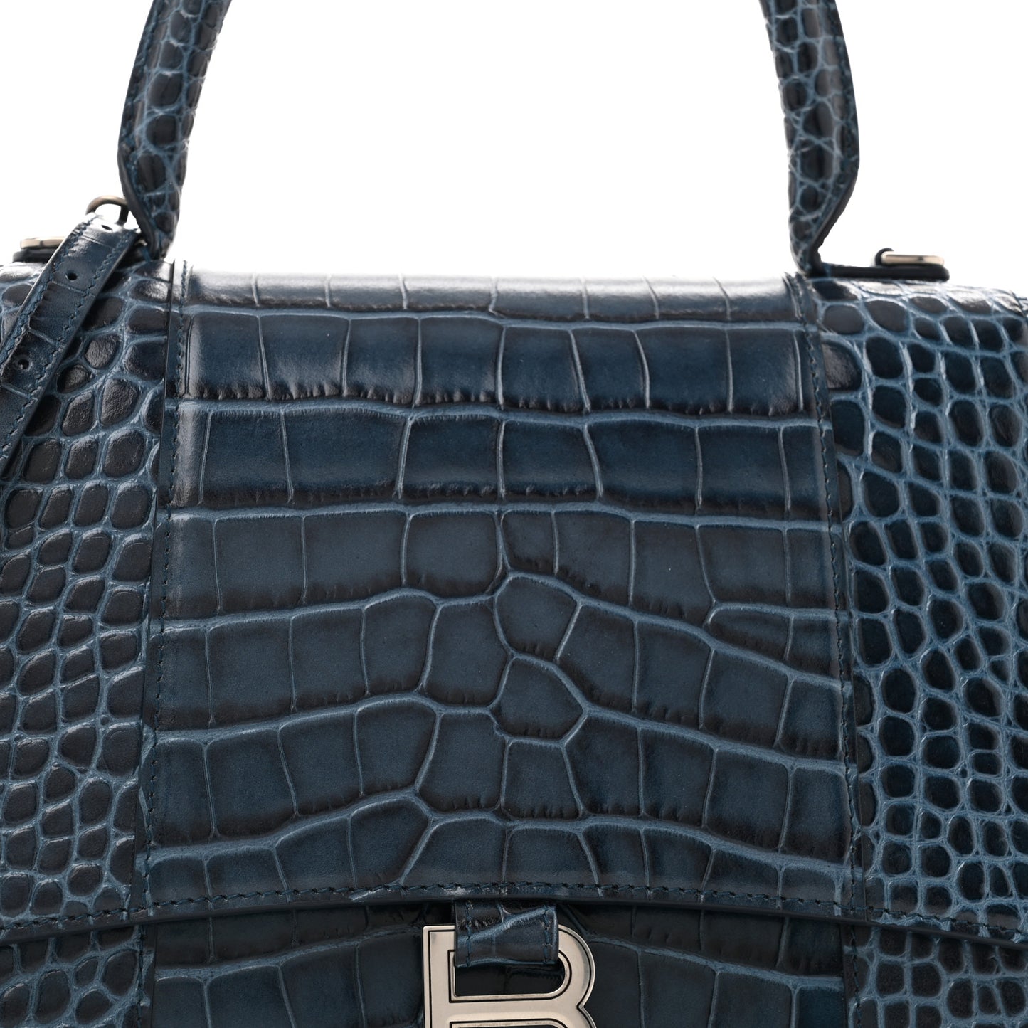 Shiny Calfskin Crocodile Embossed Medium Hourglass Top Handle Bag Denim Blue