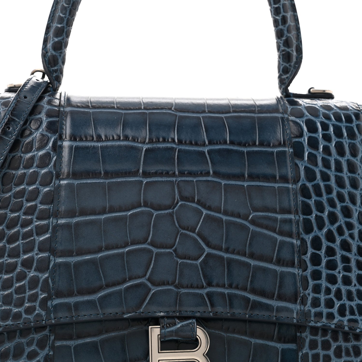 Balenciaga Shiny Calfskin Crocodile Embossed Medium Hourglass Top Handle Bag Denim Blue 8 of 13
